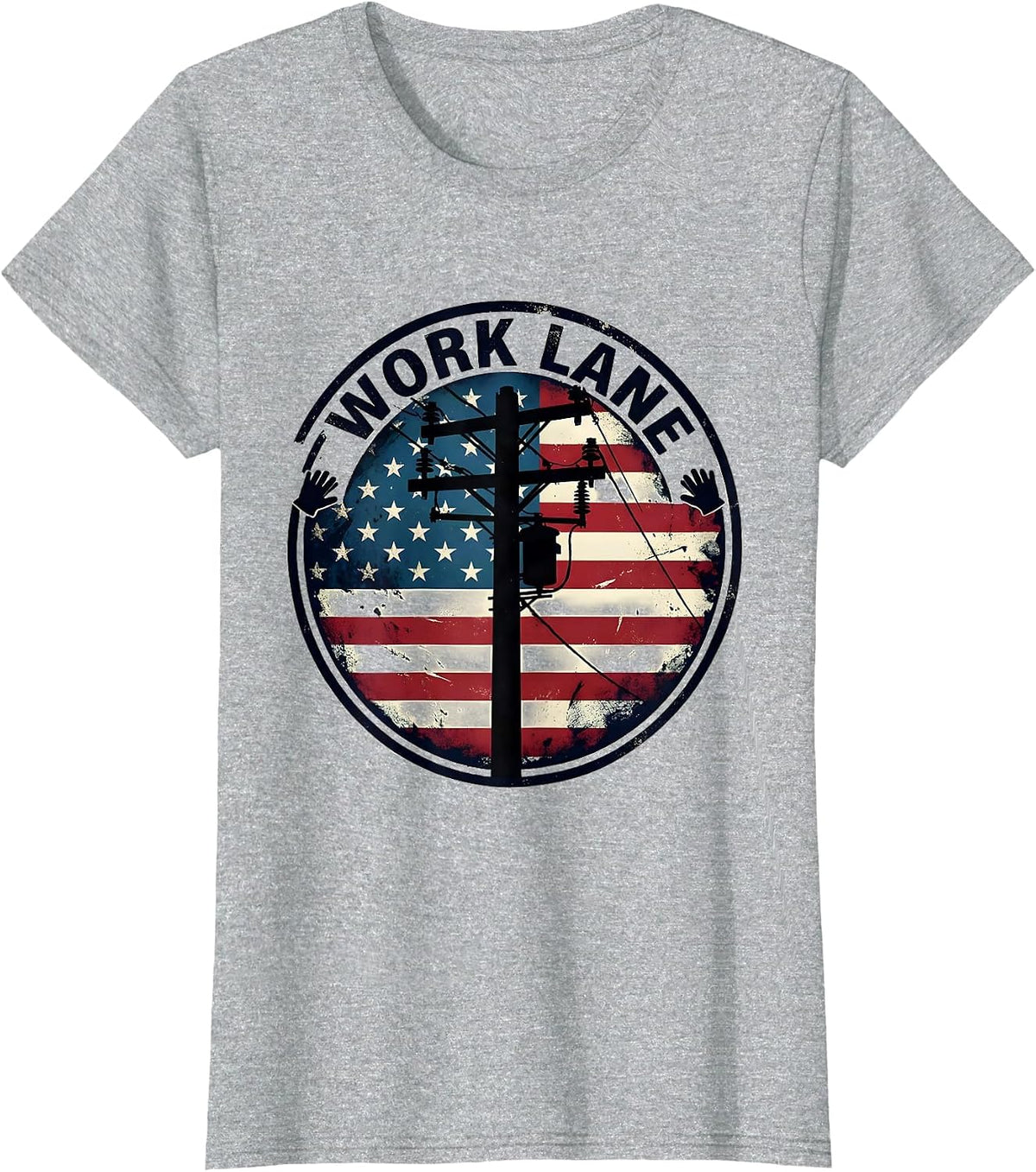 WORK LANE Distressed Lineman Pole American Flag Silhouette T-Shirt - Heather Grey