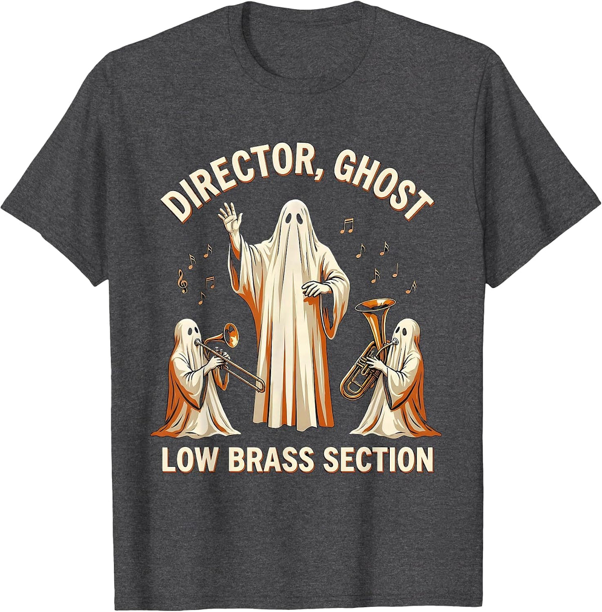 Men's Director Ghost Low Brass Section Whimsical Music Teacher T-Shirt - Dark Heather Grey