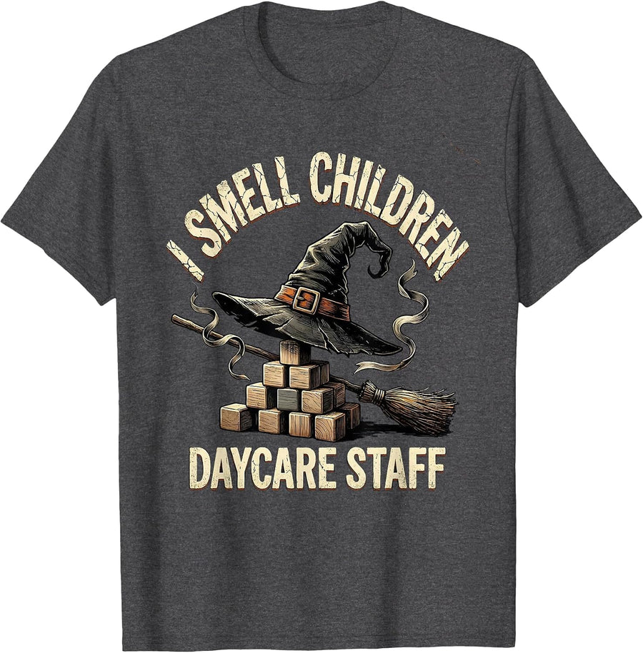 Men's I Smell Children Daycare Staff Funny Halloween Witch Costume T-Shirt - Dark Heather Grey