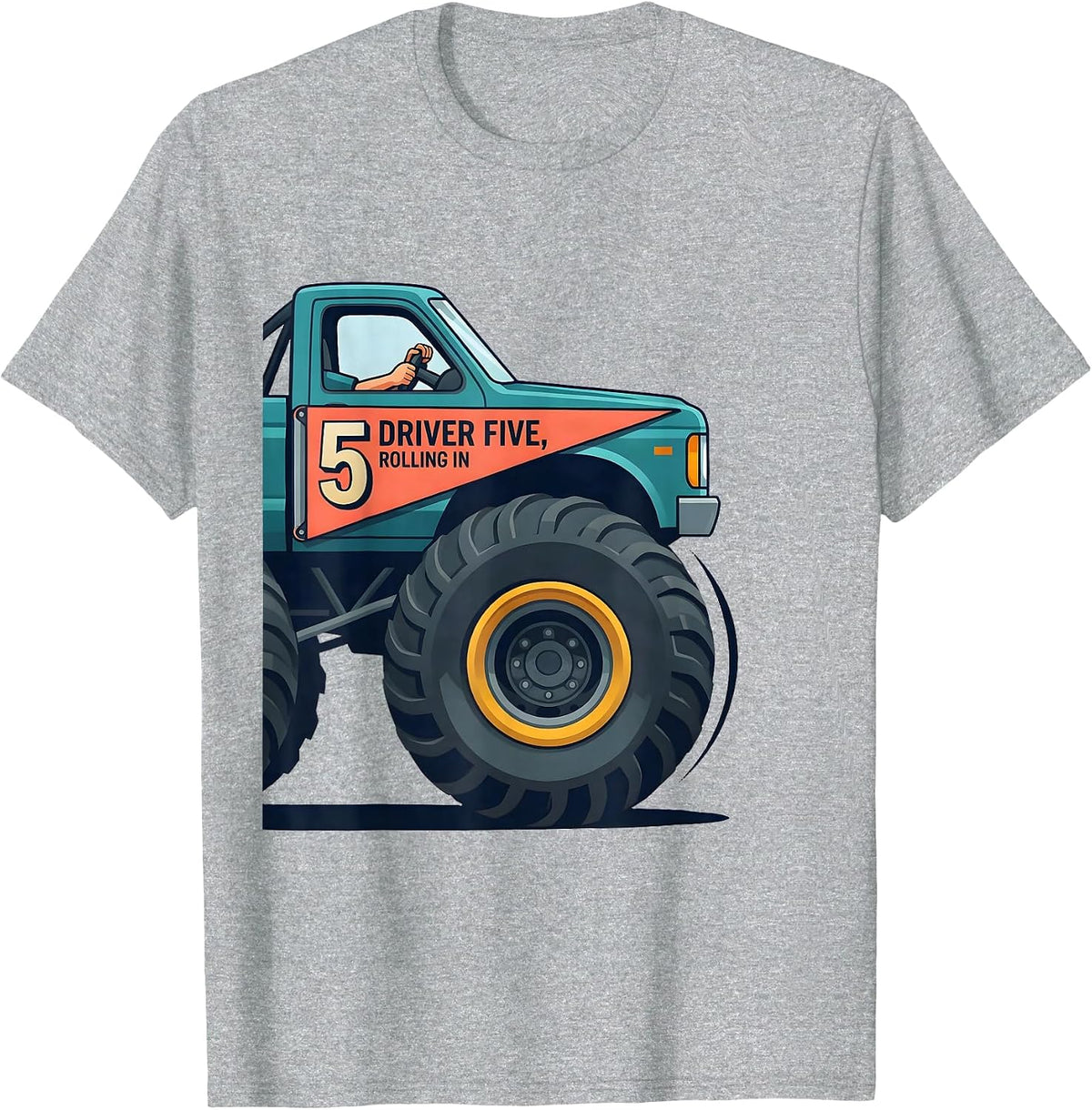 Men's Driver Five Rolling In Flat Vector Monster Truck Birthday T-Shirt - Heather Grey