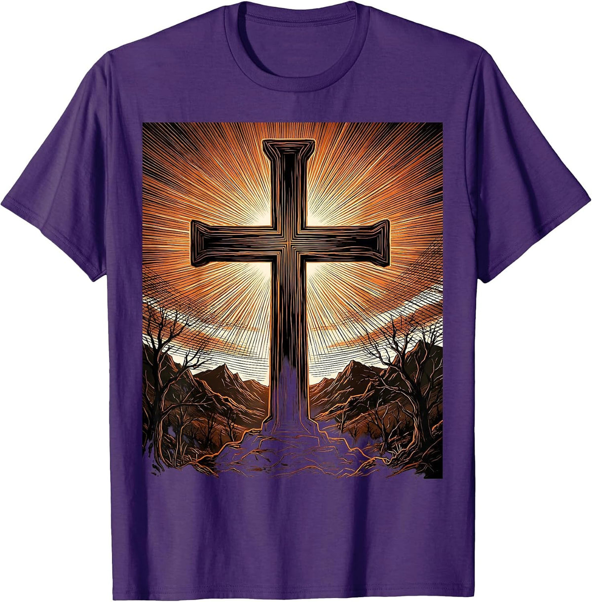 Cross Silhouette Fiery Sunset Sky Graphic T-Shirt - Purple