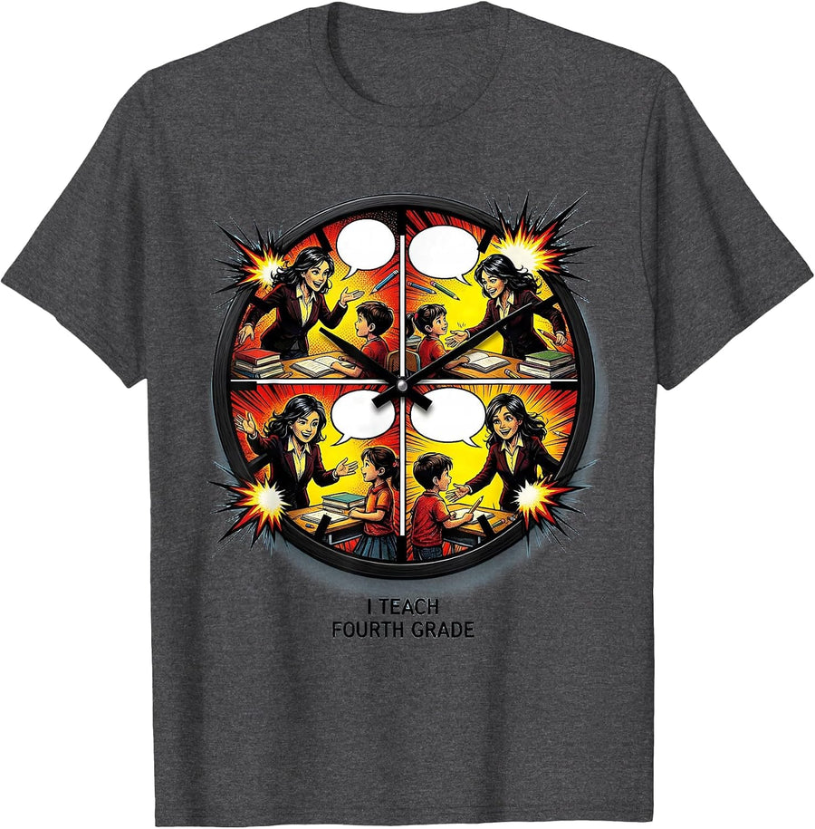 Men's I Teach Fourth Grade Comic Book Teacher Back To School Staff T-Shirt - Dark Heather Grey