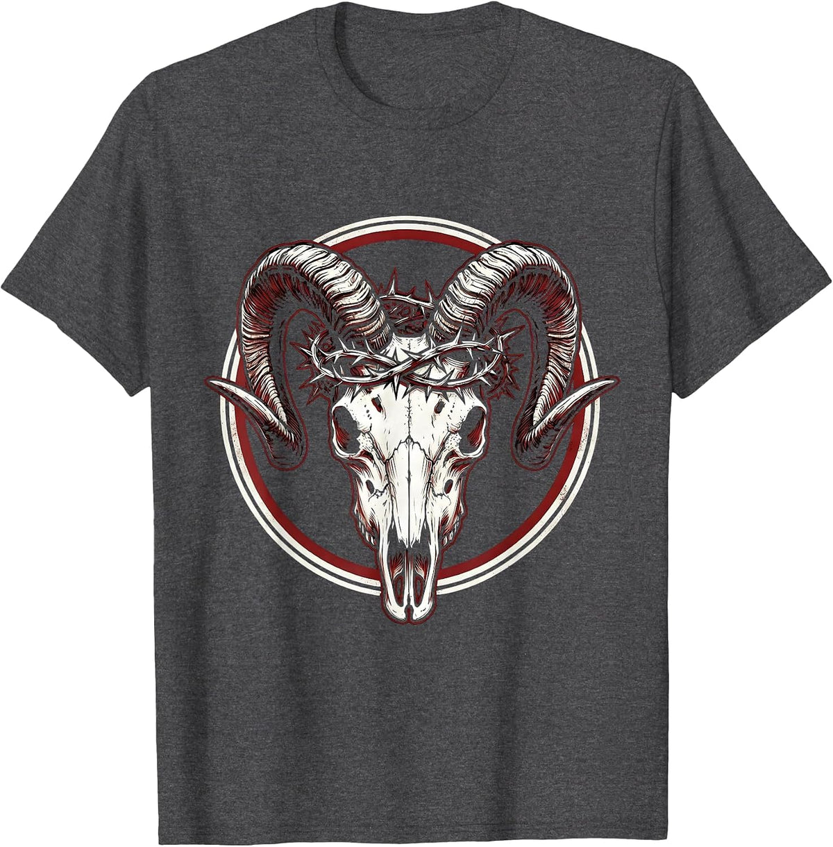 Goat Skull Crowned With Thorns Death Metal Art T-Shirt - Dark Heather Grey