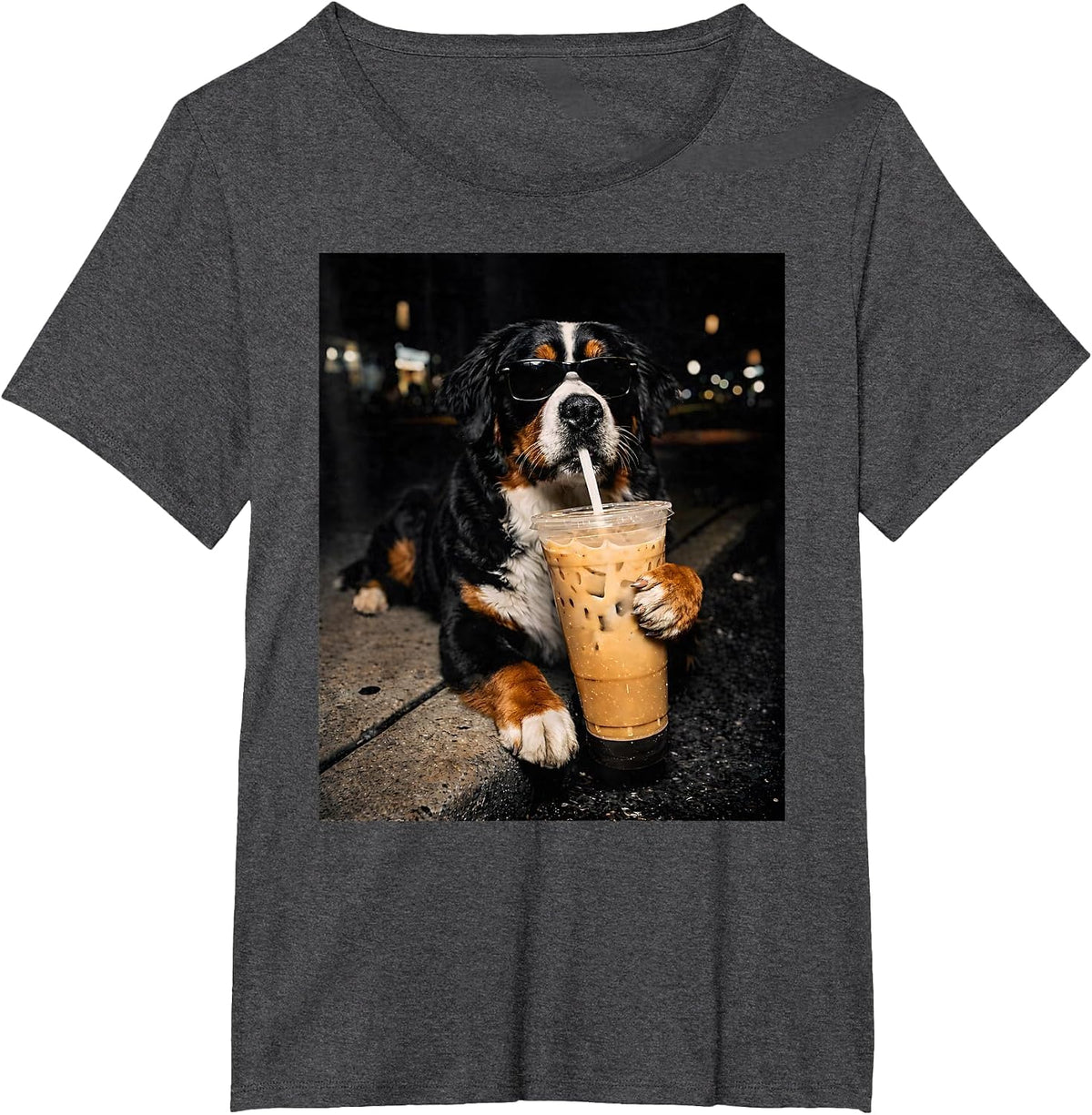 Bernese Mountain Drinking Iced Coffee Lover Humor Funny Meme T-Shirt - Dark Heather Grey