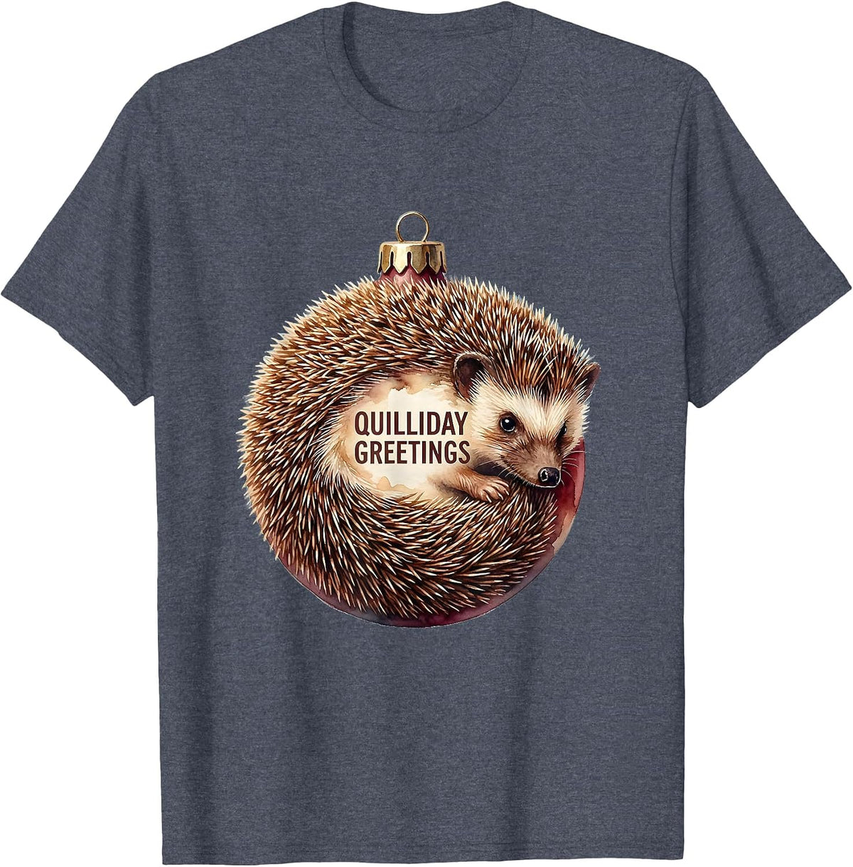 Quilliday Greetings Watercolor Hedgehog Christmas Cute T-Shirt - Heather Blue
