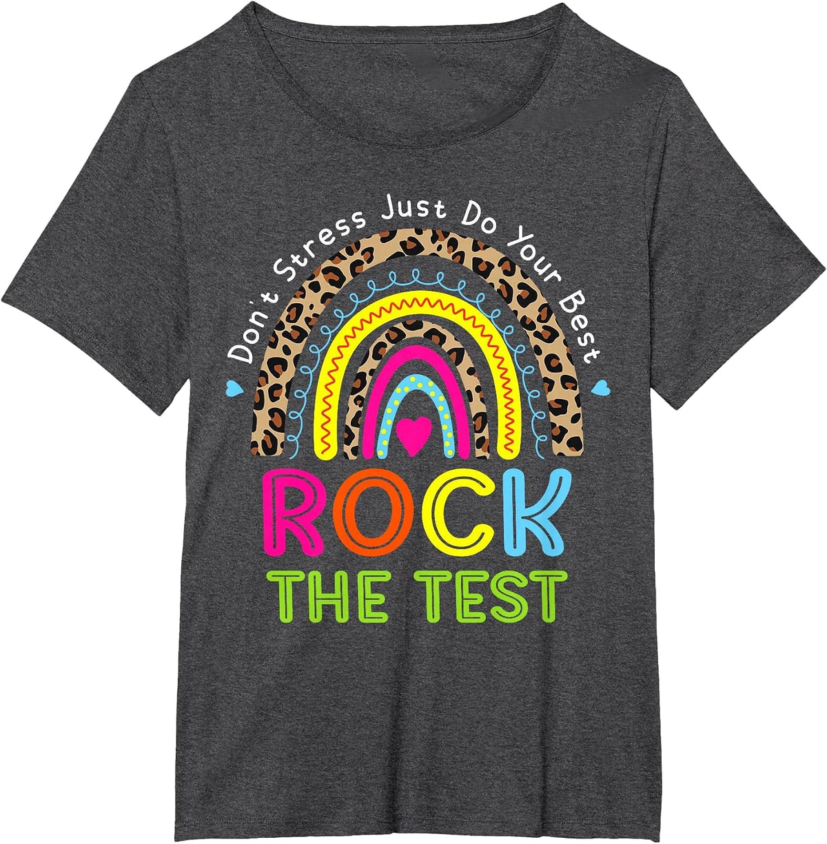 Rock The Test Test Day Teacher Testing Day Rainbow Leopard T-Shirt - Dark Heather Grey