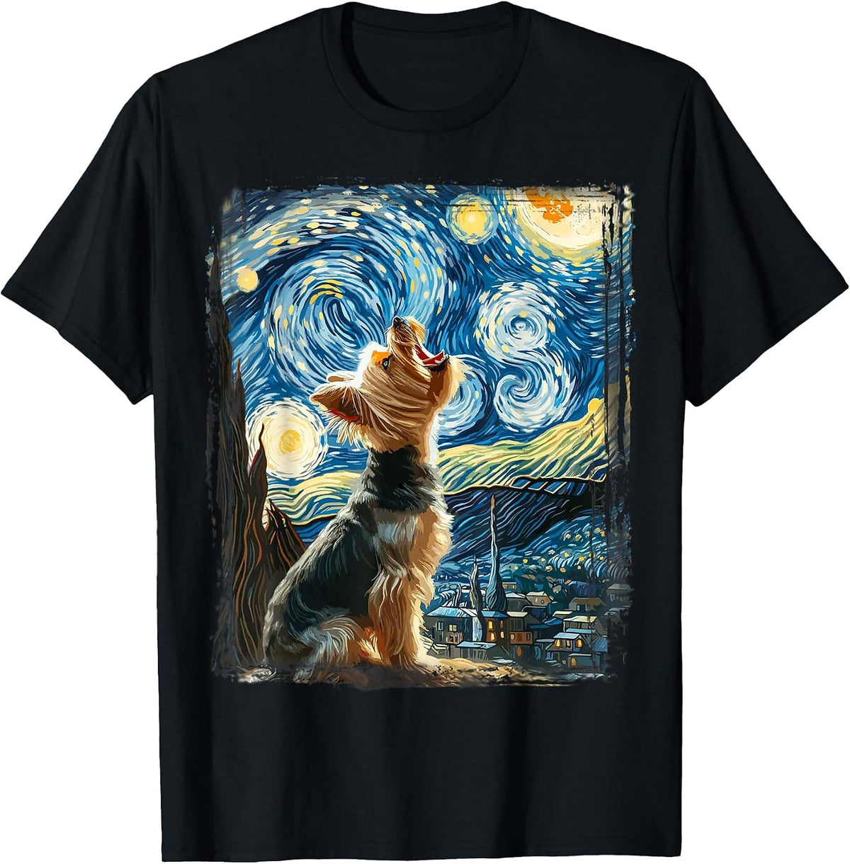 Yorkie Dog Artistic Van Gogh Starry Night Yorkshire Terrier T-Shirt - Black