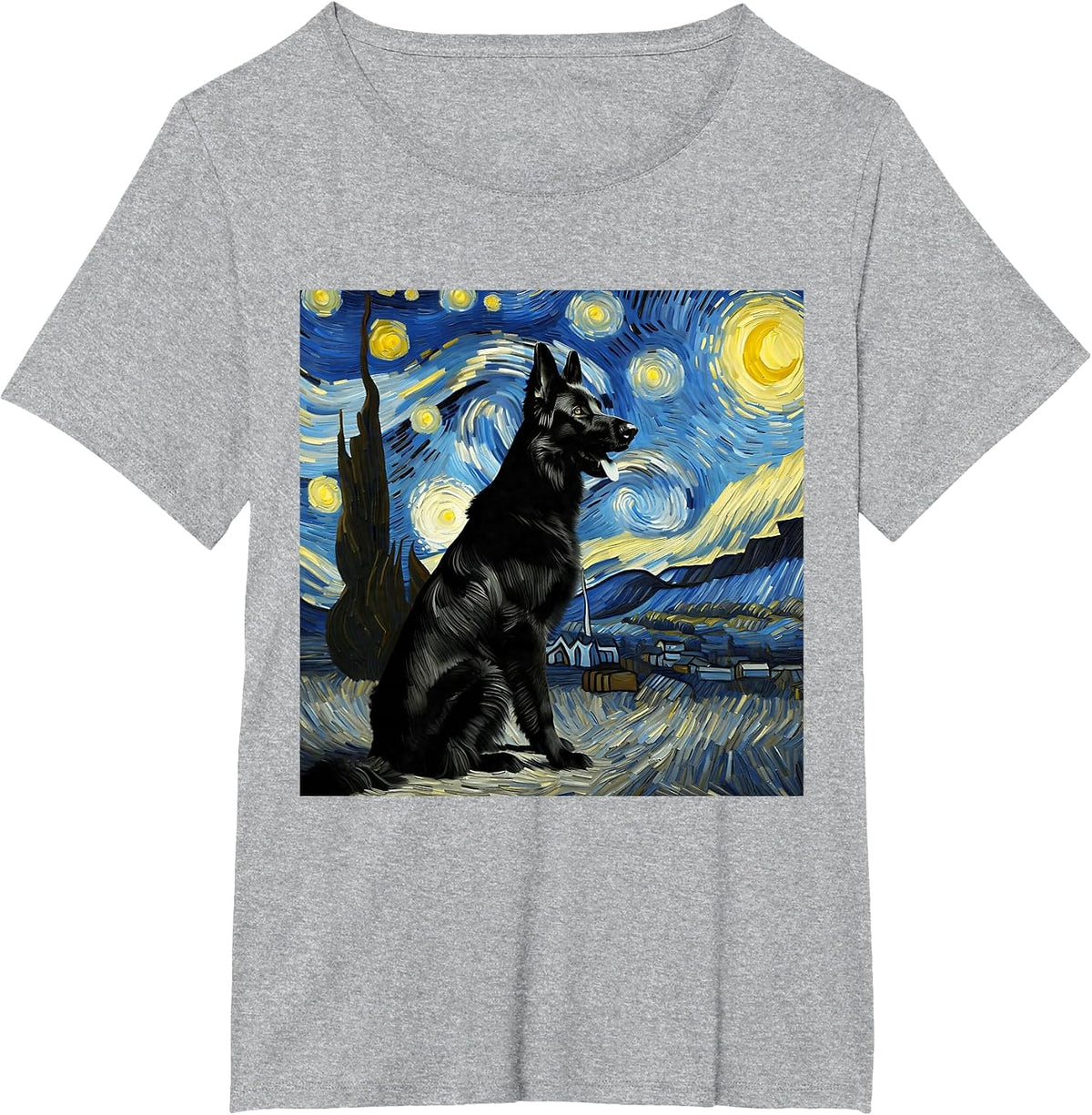 Black German Shepherd Starry Night Van Gogh Thanksgiving T-Shirt - Heather Grey