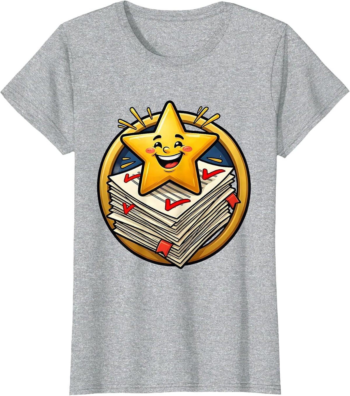 4th Grade Teacher Graded Papers Gold Star Design T-Shirt - Heather Grey