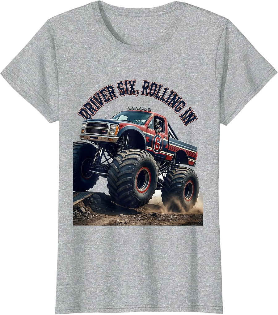 Driver Six Rolling In Sports Birthday Monster Truck 6 Year T-Shirt - Heather Grey