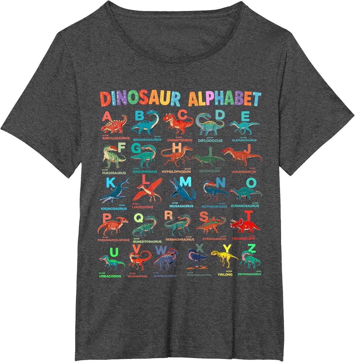 Types of Dinosaurs Alphabet A-Z ABC Dino Identification Kids T-Shirt - Dark Heather Grey