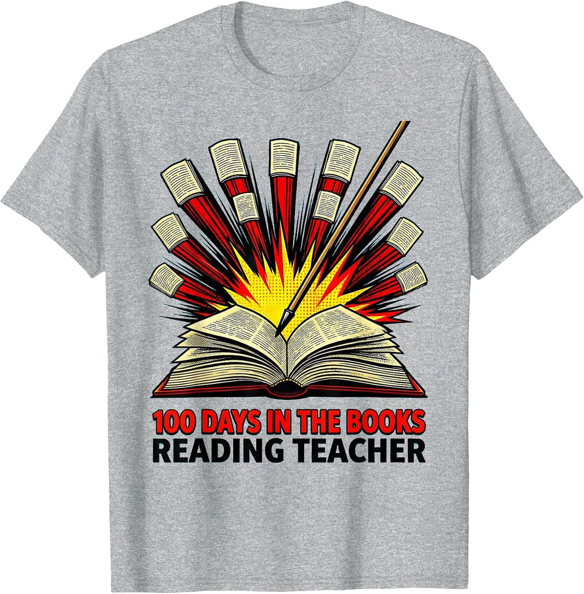 Men's 100 Days In The Books Reading Teacher Pop Art 100th Day T-Shirt - Heather Grey