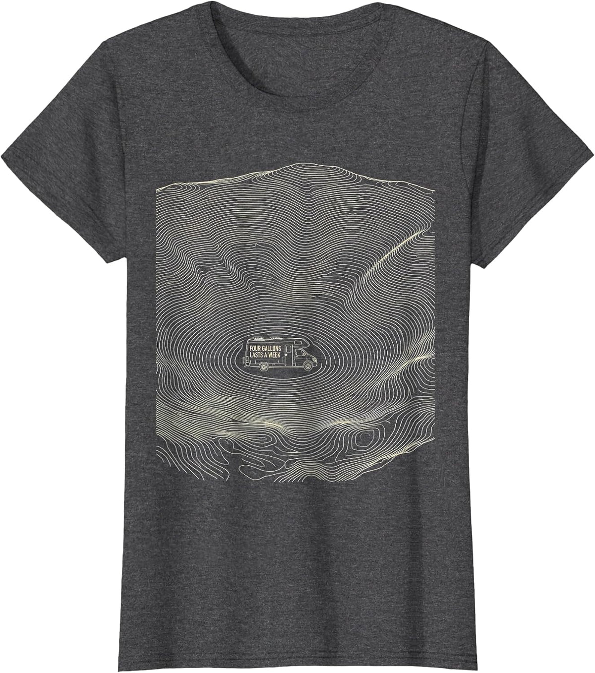 Women's Four Gallons Lasts A Week Retro Van Life Nomad Travel Pride T-Shirt - Dark Heather Grey