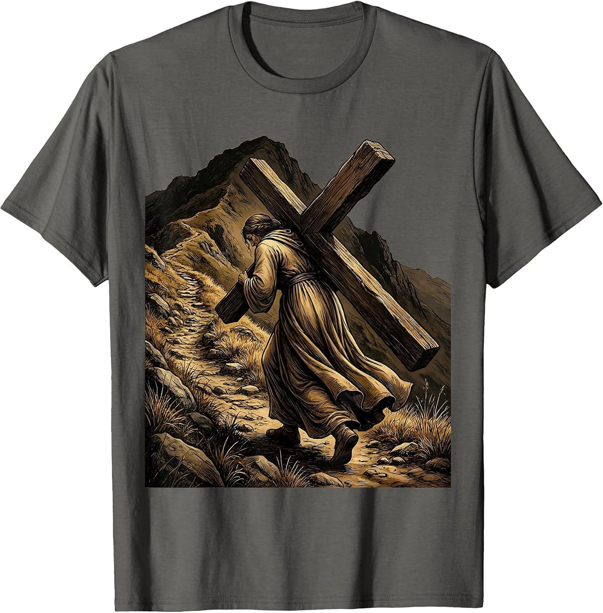 Woman Carrying Cross Up Hillside Christian Art T-Shirt - Asphalt Grey