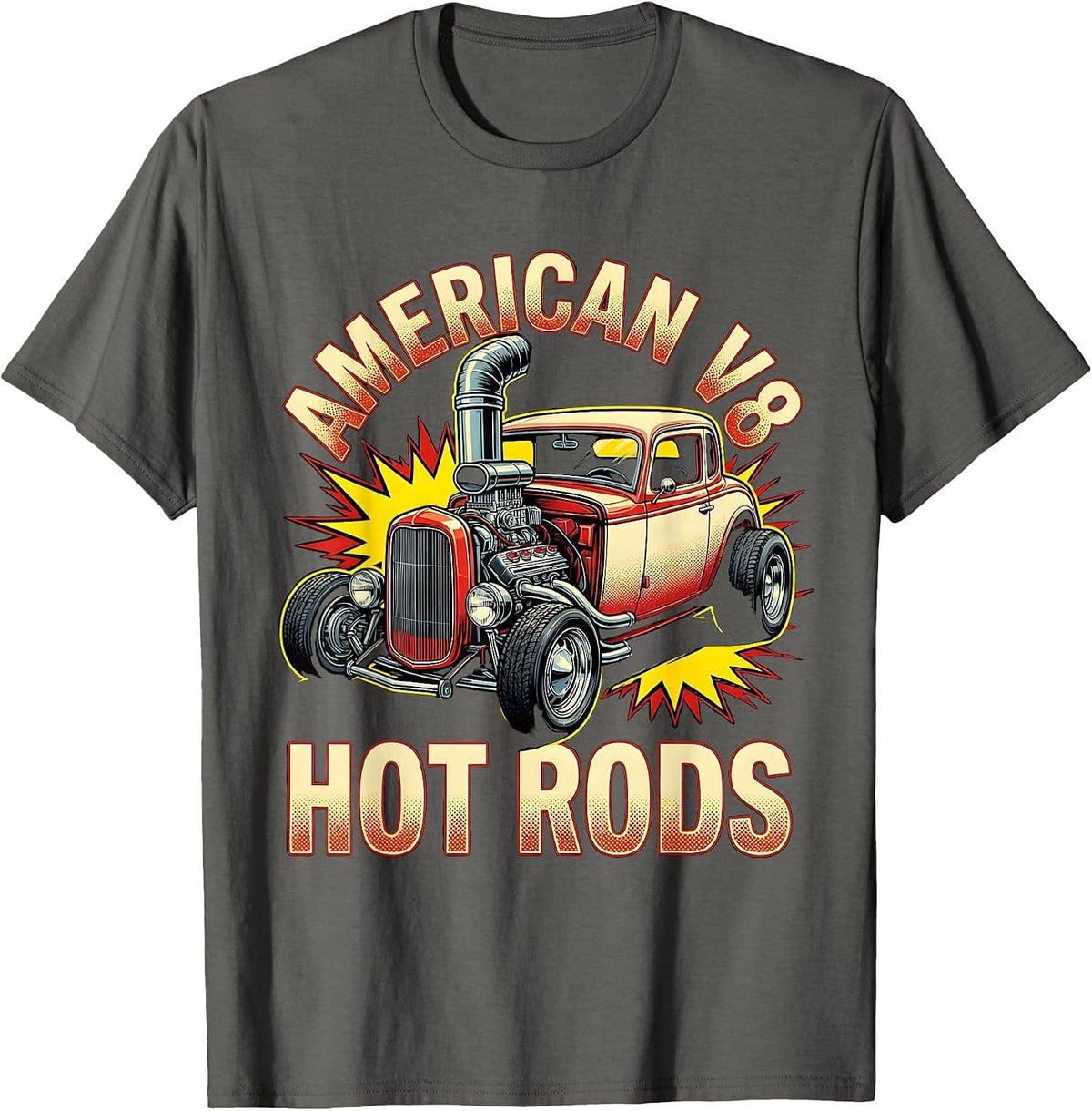 American V8 Hot Rods Pop Art Classic Muscle Car Enthusiast T-Shirt - Asphalt Grey