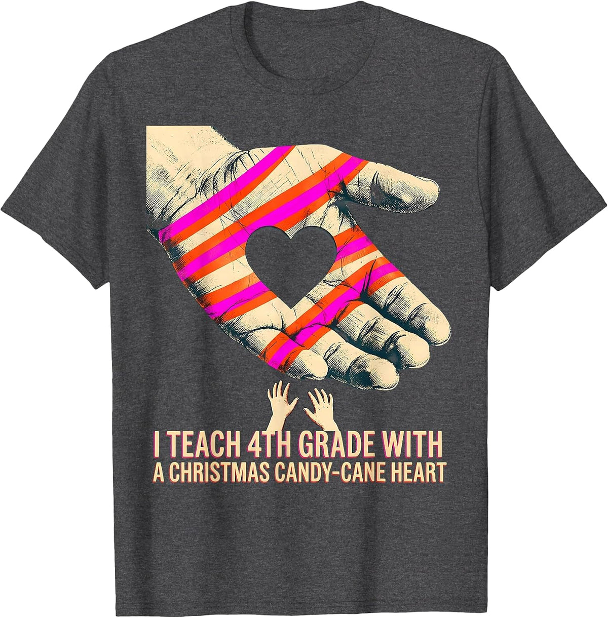 Men's I Teach 4th Grade With A Christmas Candy-Cane Heart Teacher T-Shirt - Dark Heather Grey