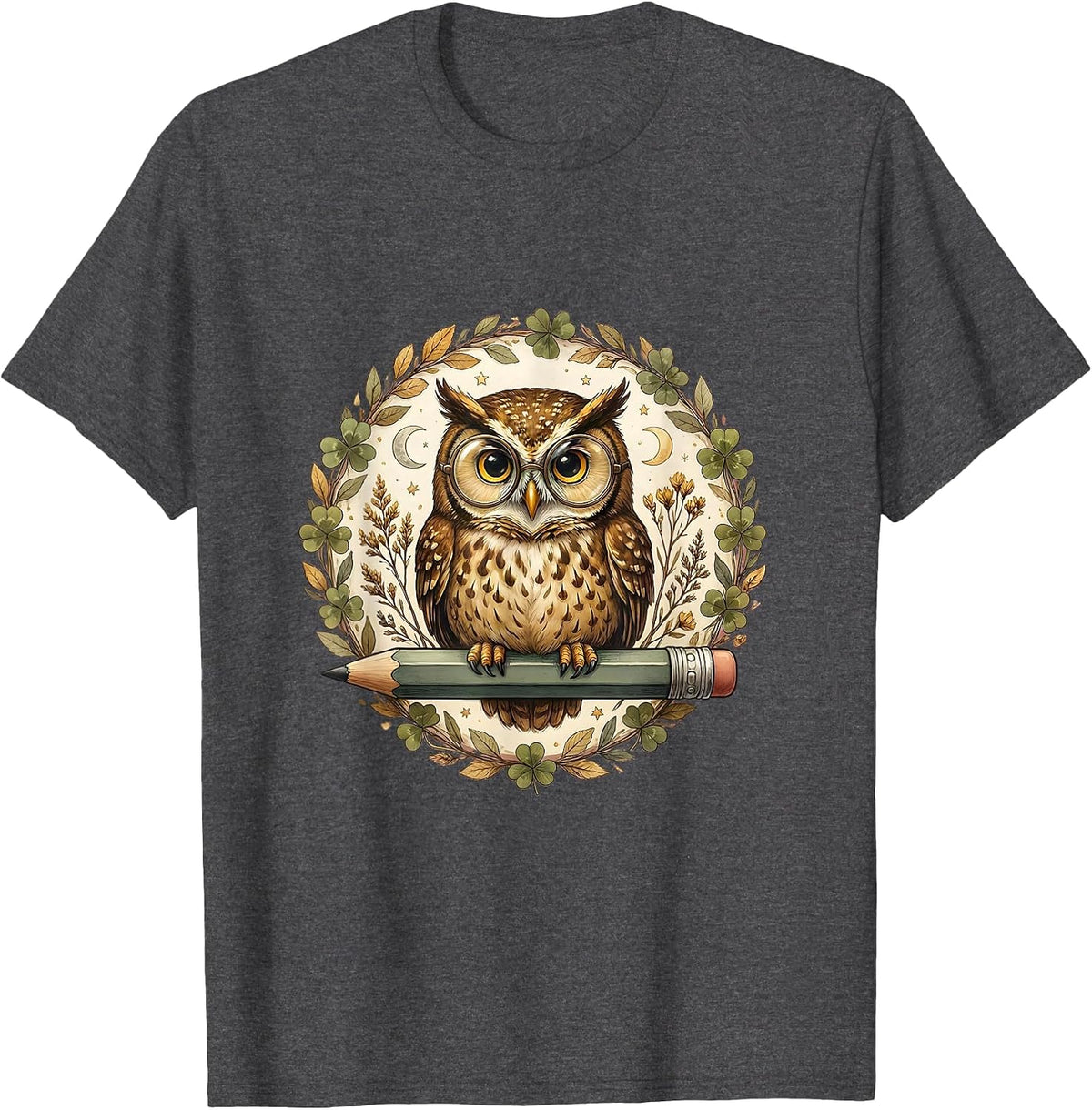 4th Grade Teacher Owl on Pencil Illustration T-Shirt - Dark Heather Grey