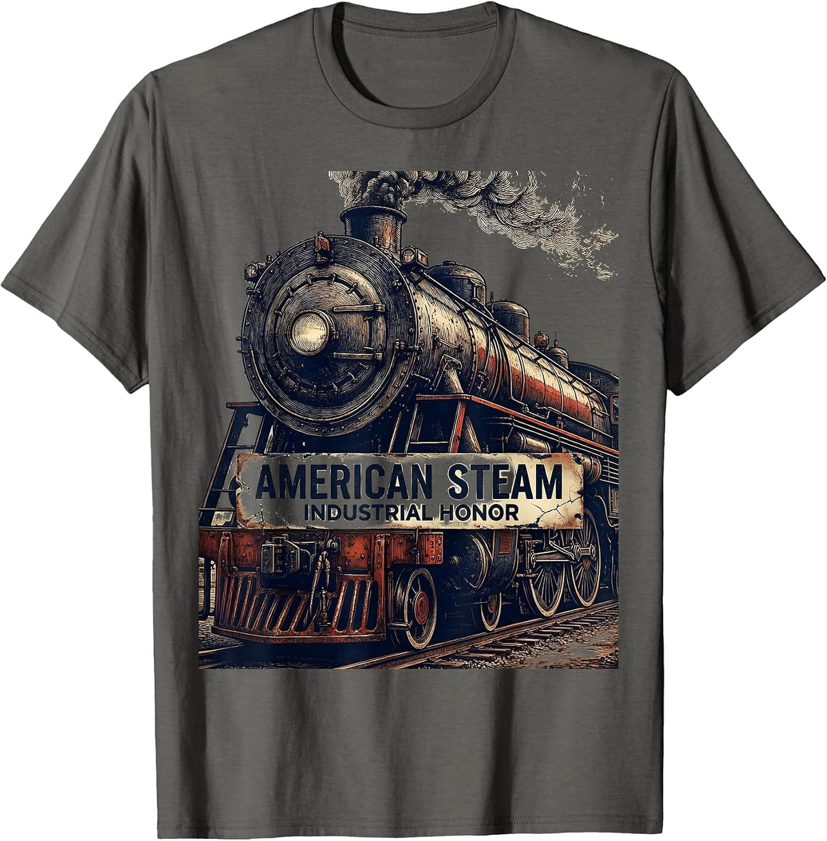 American Steam Industrial Honor Distressed Train Enthusiast T-Shirt - Asphalt Grey