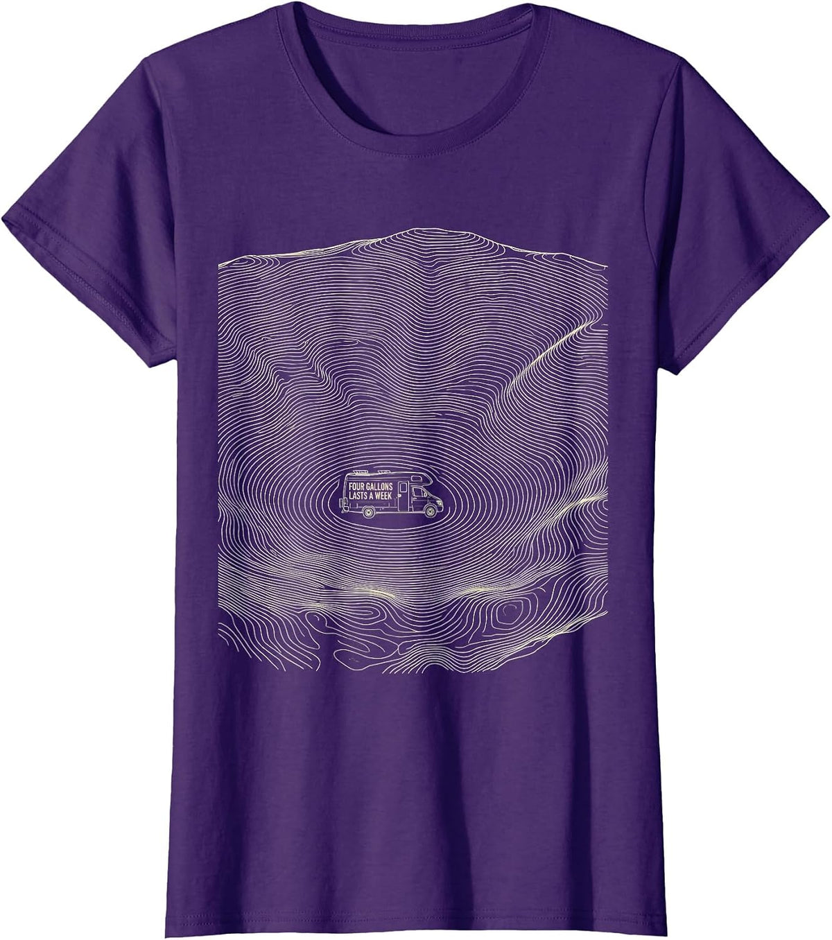 Women's Four Gallons Lasts A Week Retro Van Life Nomad Travel Pride T-Shirt - Purple