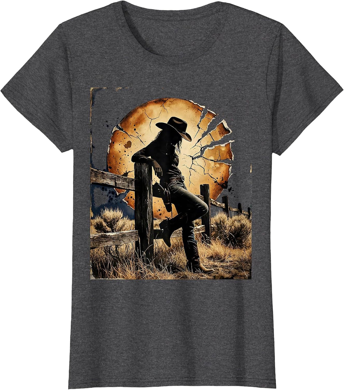 Women's Cowgirl Leaning on Fence Sunset Rodeo Design T-Shirt - Dark Heather Grey