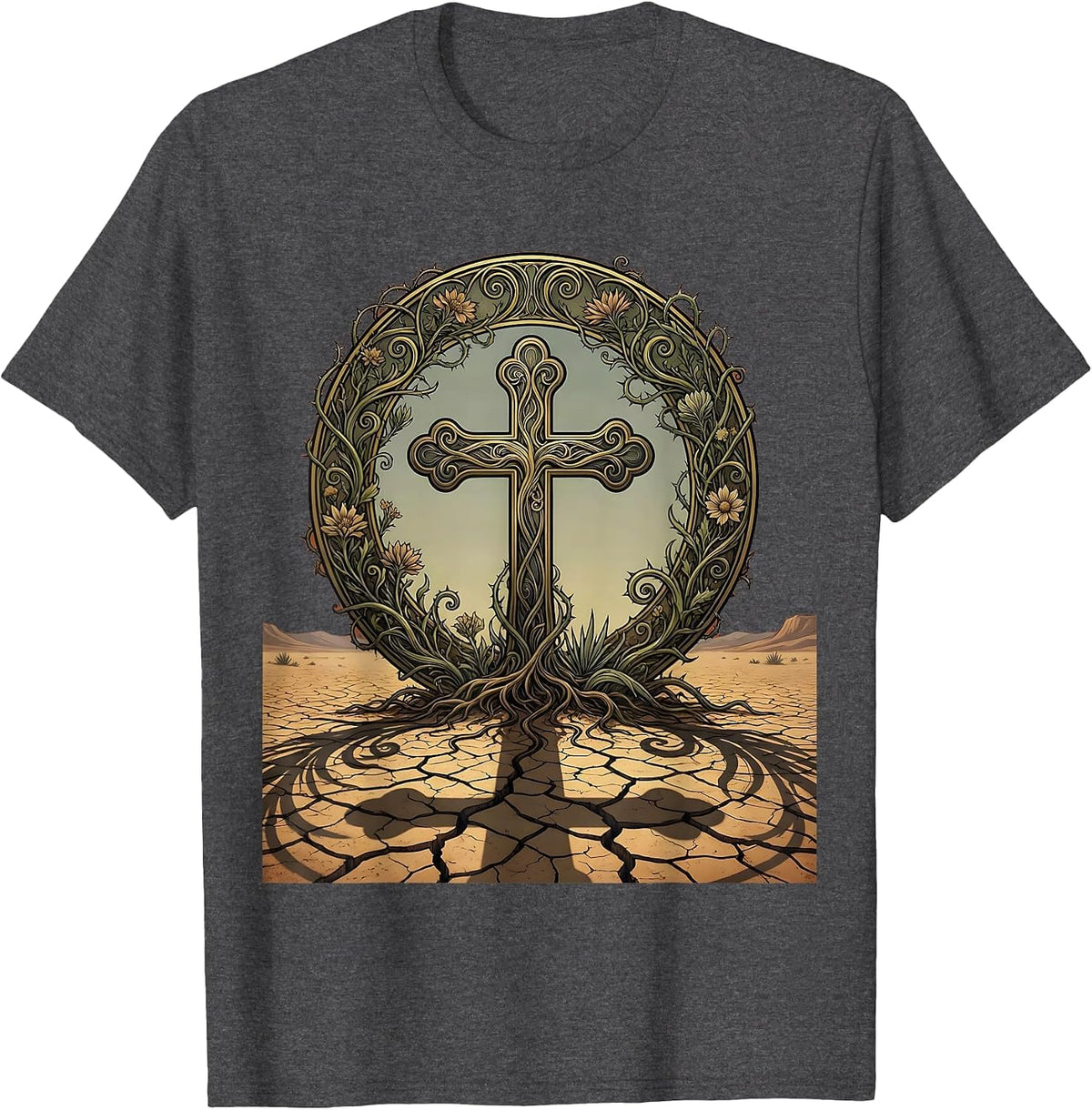 Cross Shadow on Cracked Desert Ground Graphic T-Shirt - Dark Heather Grey