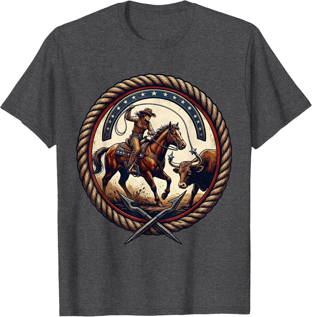 Men's Cowgirl Roping Steer Rodeo Graphic Design T-Shirt - Dark Heather Grey