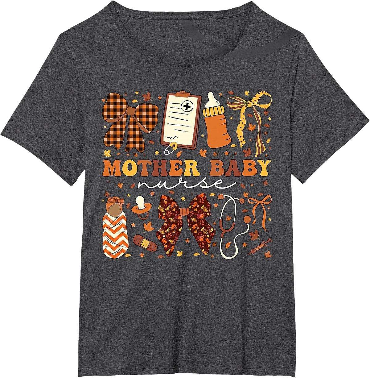 Postpartum Fall Coquette Mother Baby Nurse Thanksgiving T-Shirt - Dark Heather Grey
