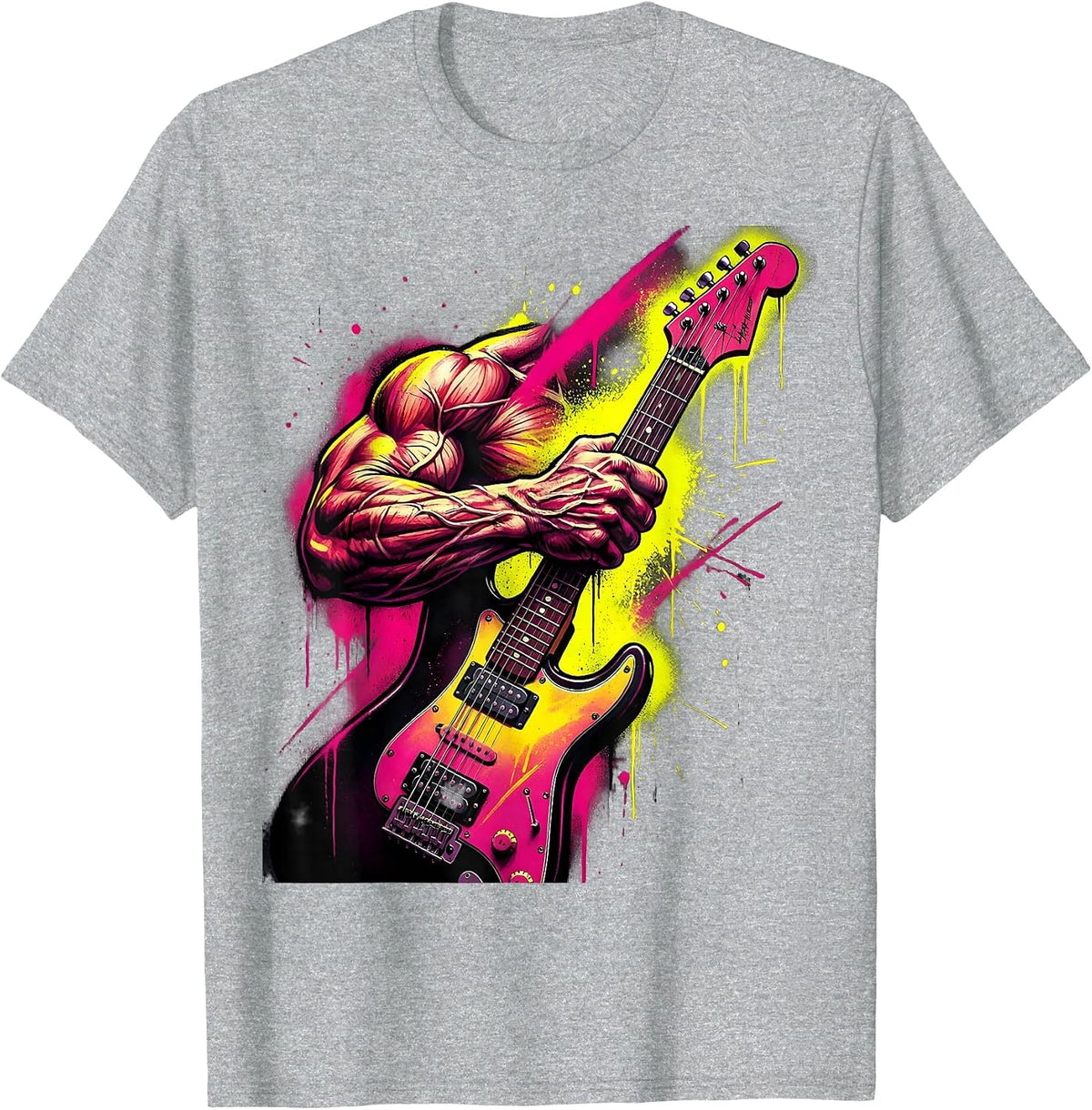 Men's 80s Rock Guitar Grip Illustration T-Shirt - Heather Grey