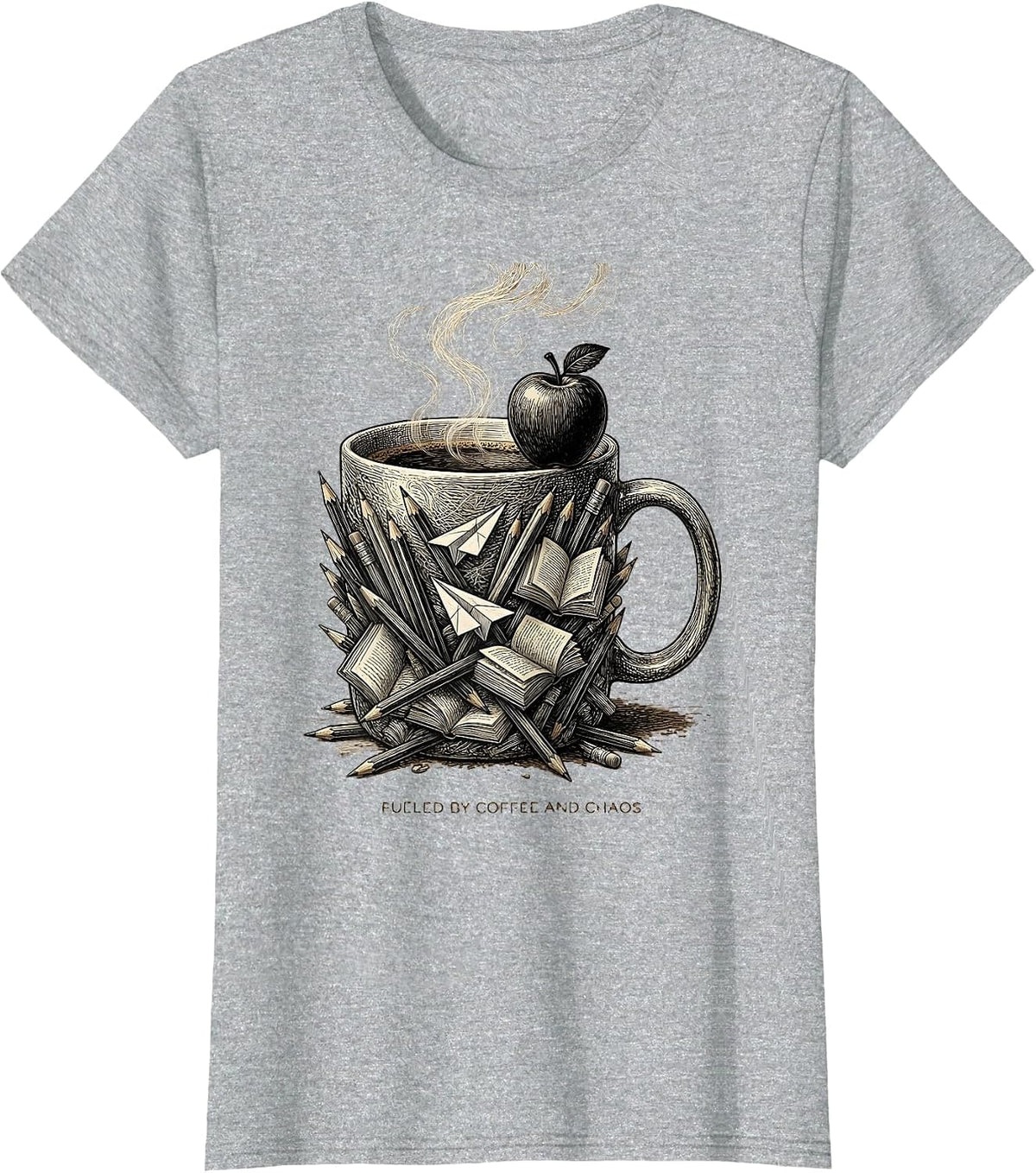 Fueled by Coffee and Chaos 5th Grade Teacher T-Shirt - Heather Grey