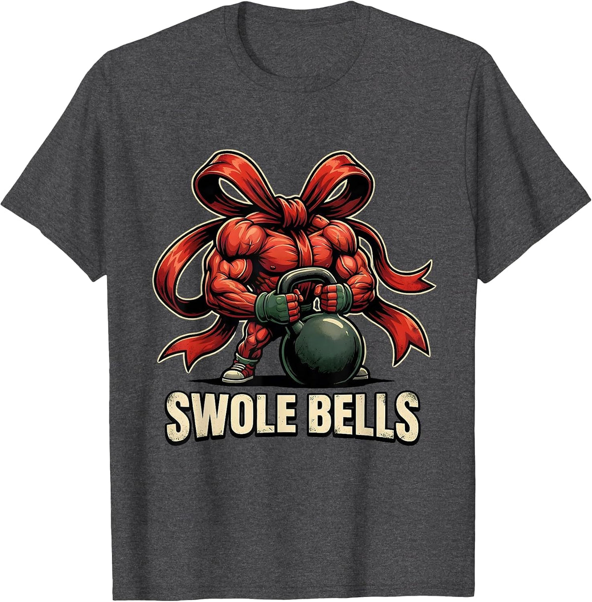 Men's Swole Bells Distressed Funny Christmas Gym Weightlifting T-Shirt - Dark Heather Grey