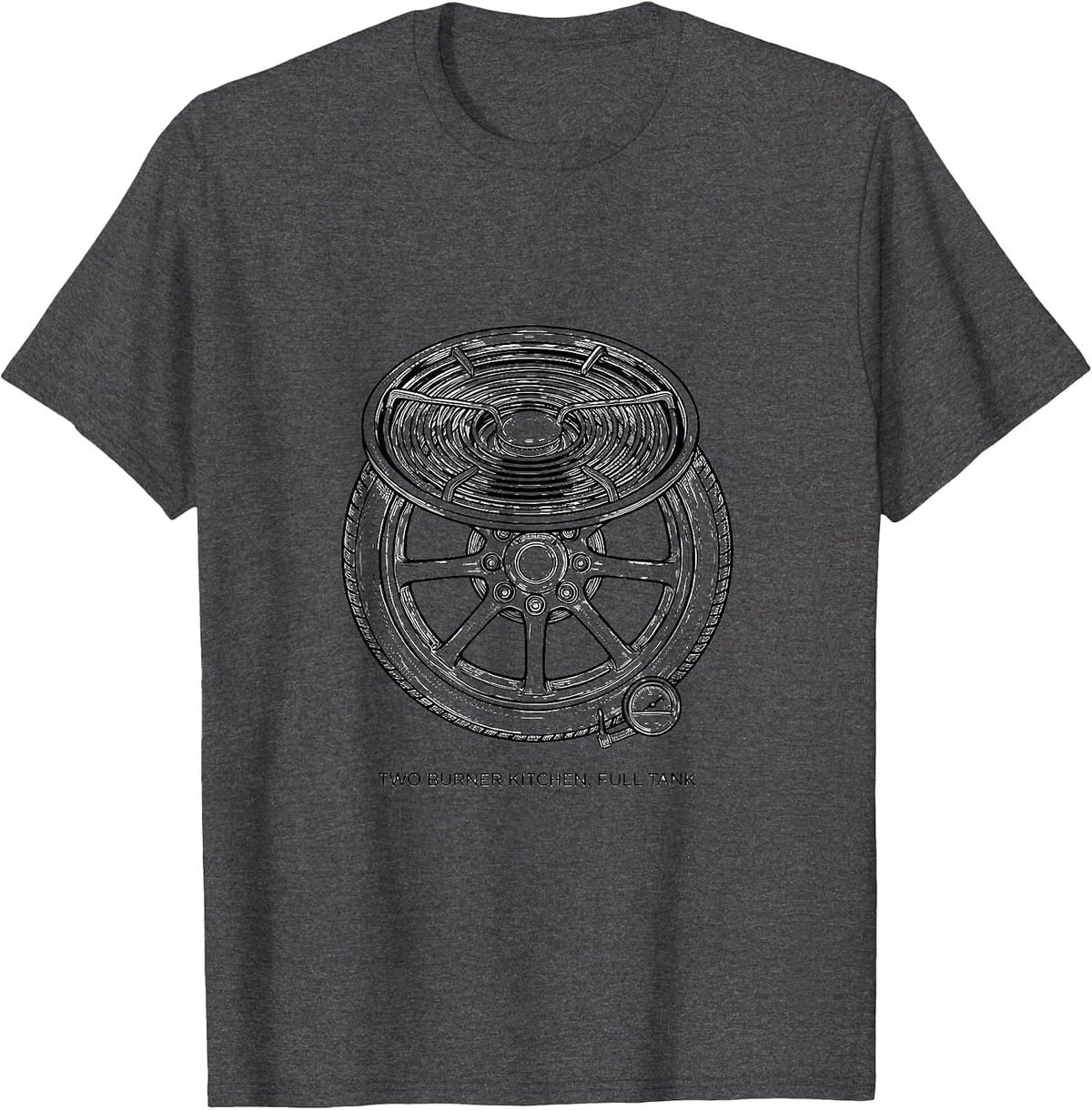 Men's Two Burner Kitchen, Full Tank Retro Van Life Van Dwellers T-Shirt - Dark Heather Grey
