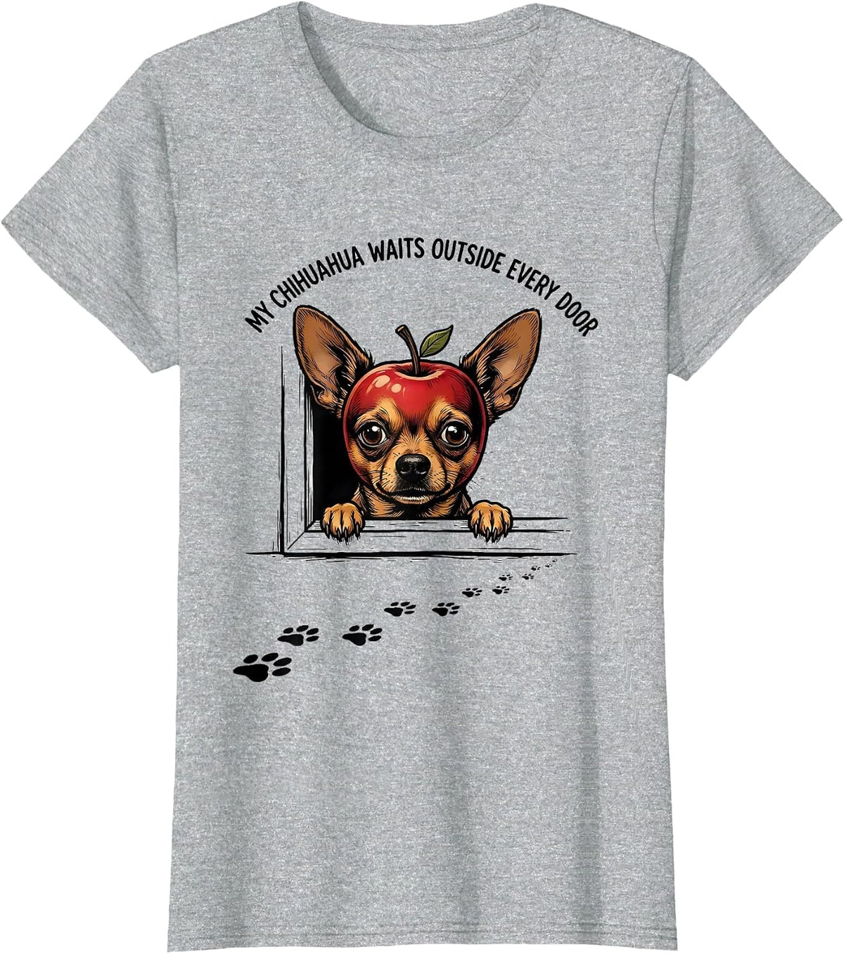 Women's My Chihuahua Waits Outside Every Door Cute Dog Lover Cartoon T-Shirt - Heather Grey
