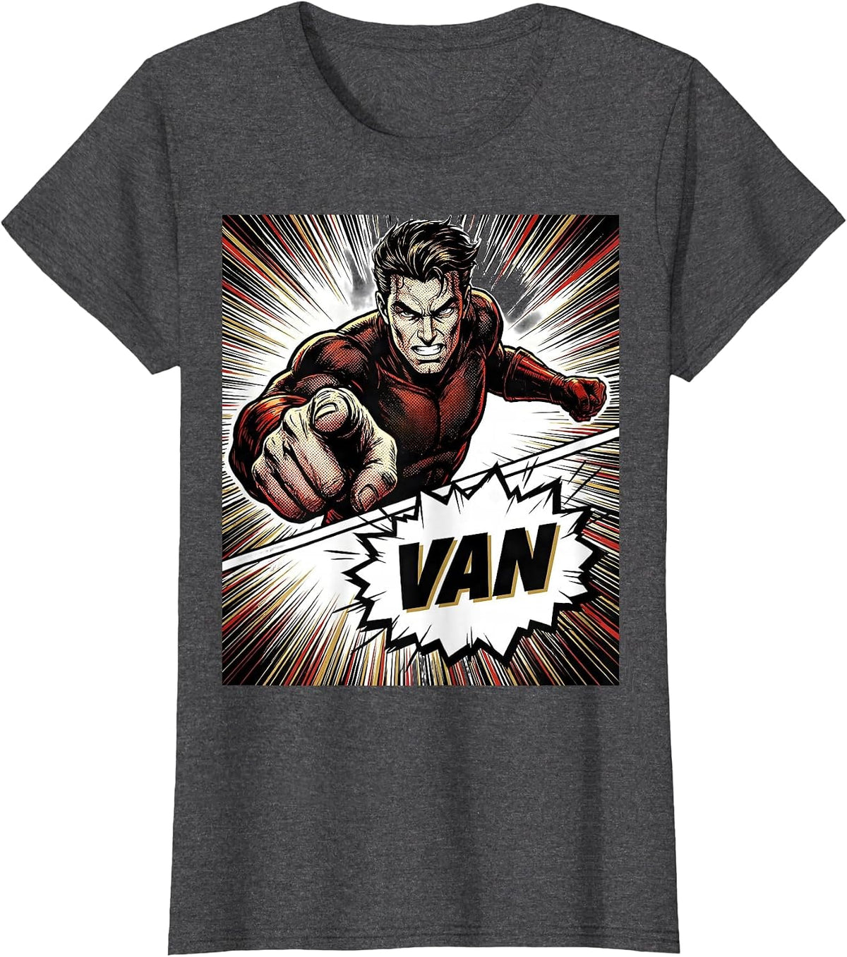 Women's VAN Comic Book Bold Typography Van Life Traveler Road Trip T-Shirt - Dark Heather Grey