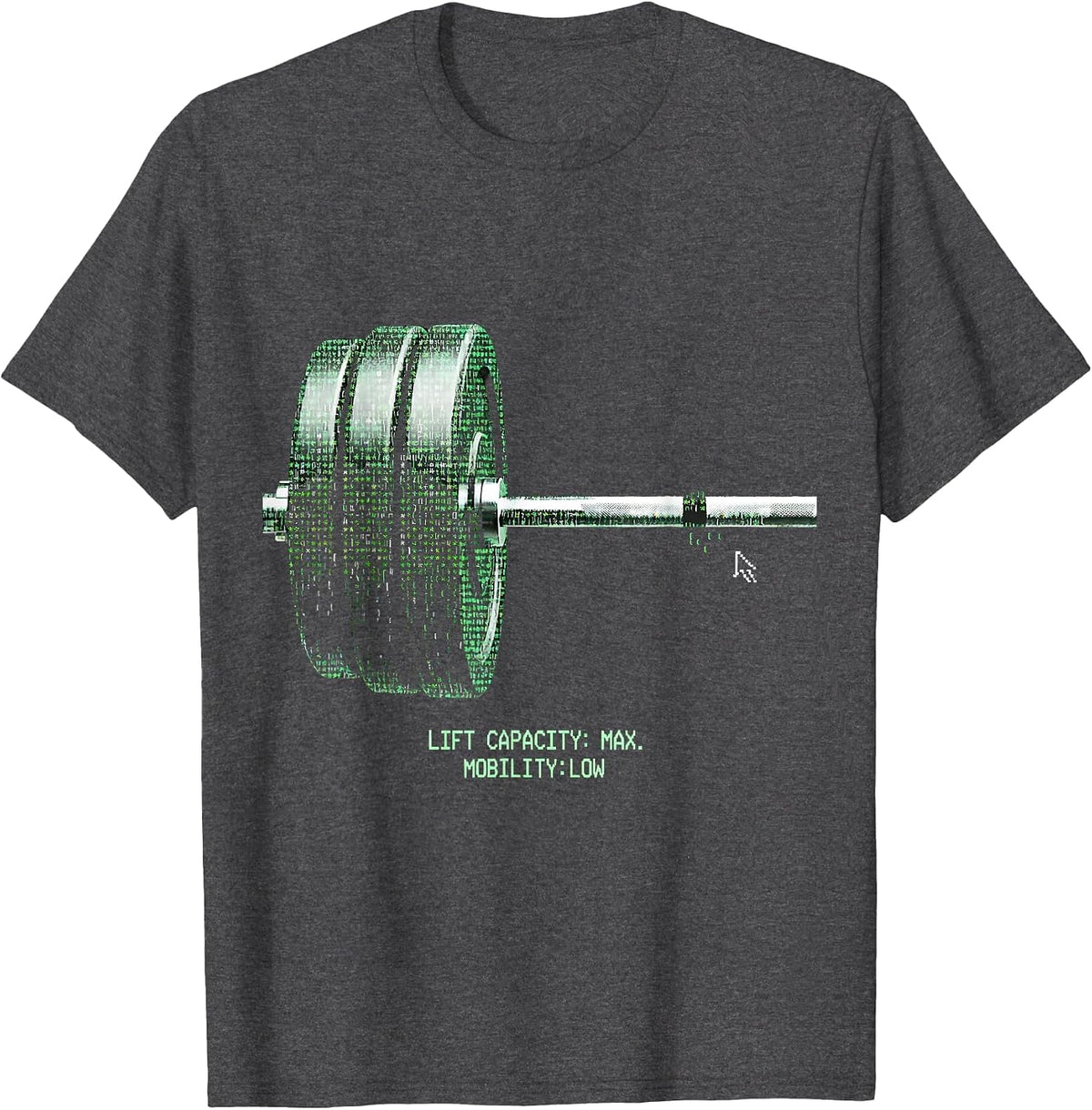 Men's LIFT CAPACITY: MAX. MOBILITY: LOW Funny Gym Workout Humor T-Shirt - Dark Heather Grey