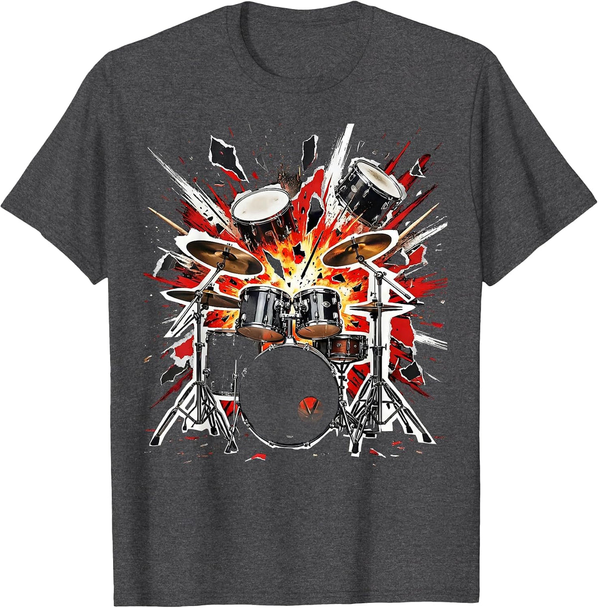 Men's Exploding Drum Kit Fragmented Percussion Art T-Shirt - Dark Heather Grey