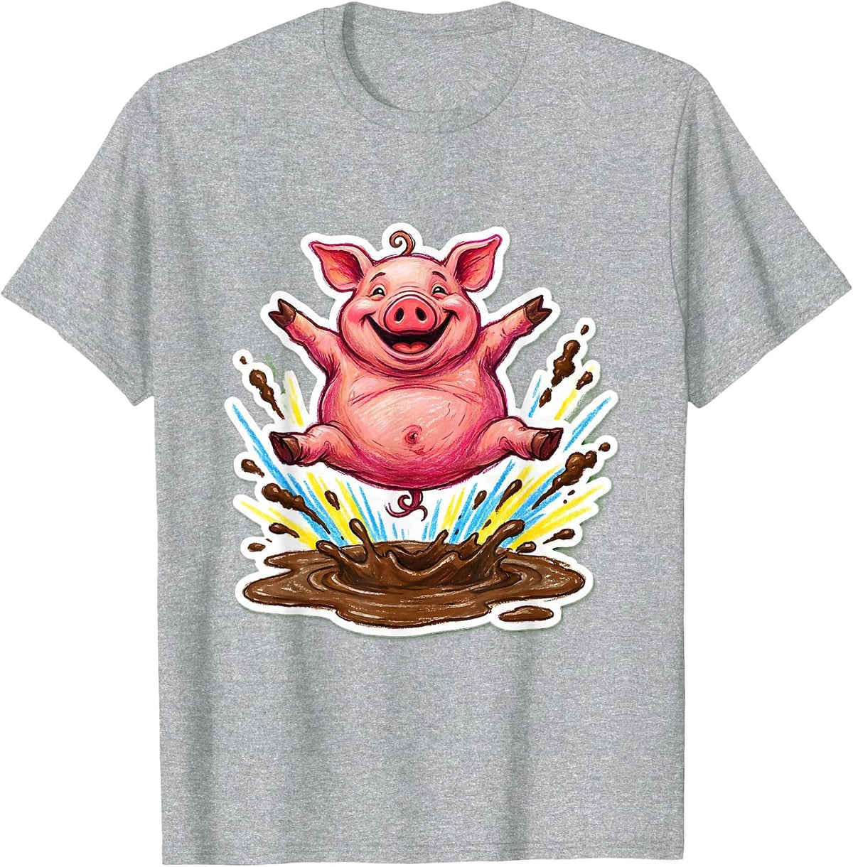 Men's Pig Belly Flop Into Mud Funny Animal Design T-Shirt - Heather Grey