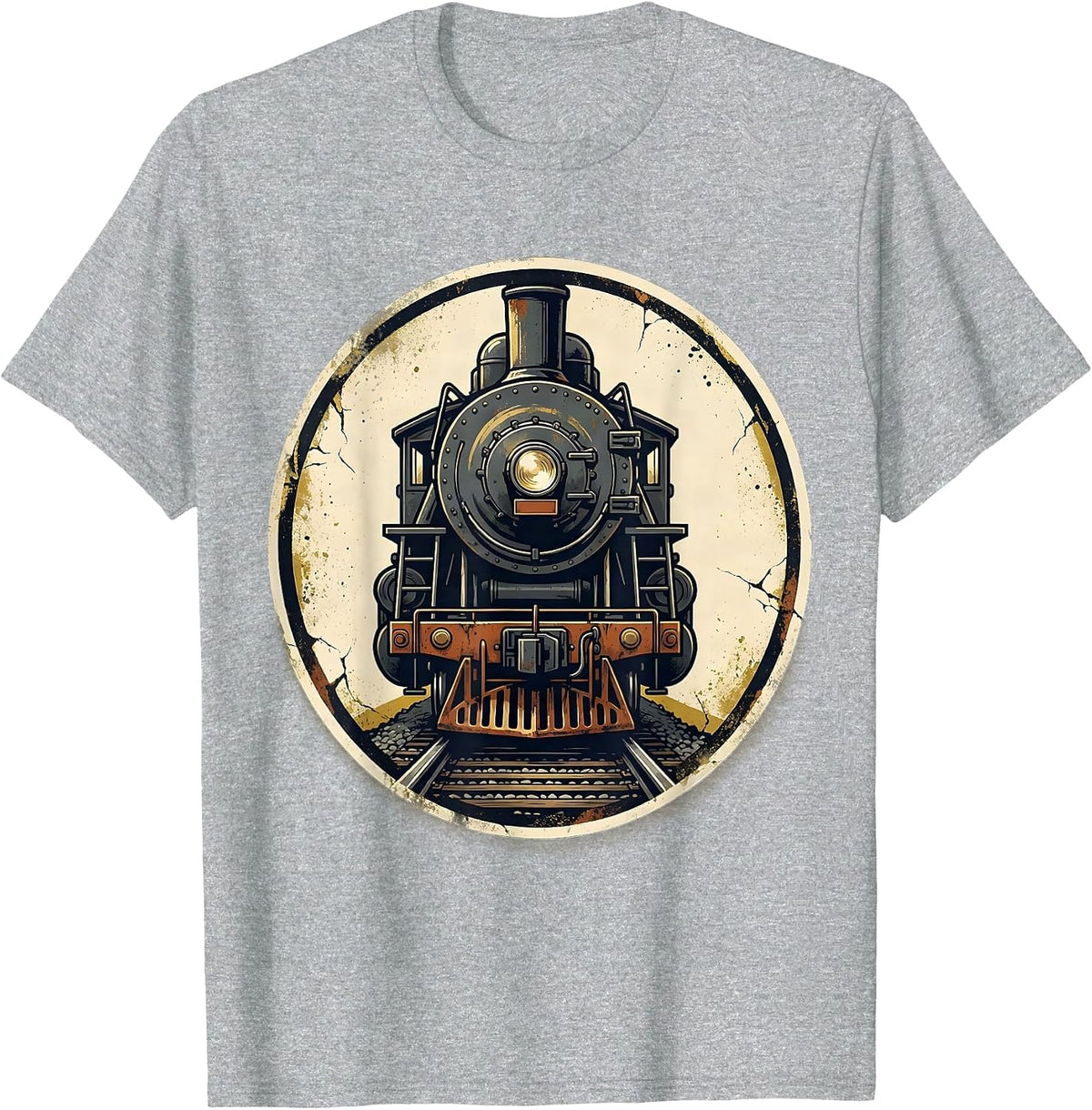 Men's Steam Locomotive Badge Distressed Train Enthusiast Gift T-Shirt - Heather Grey