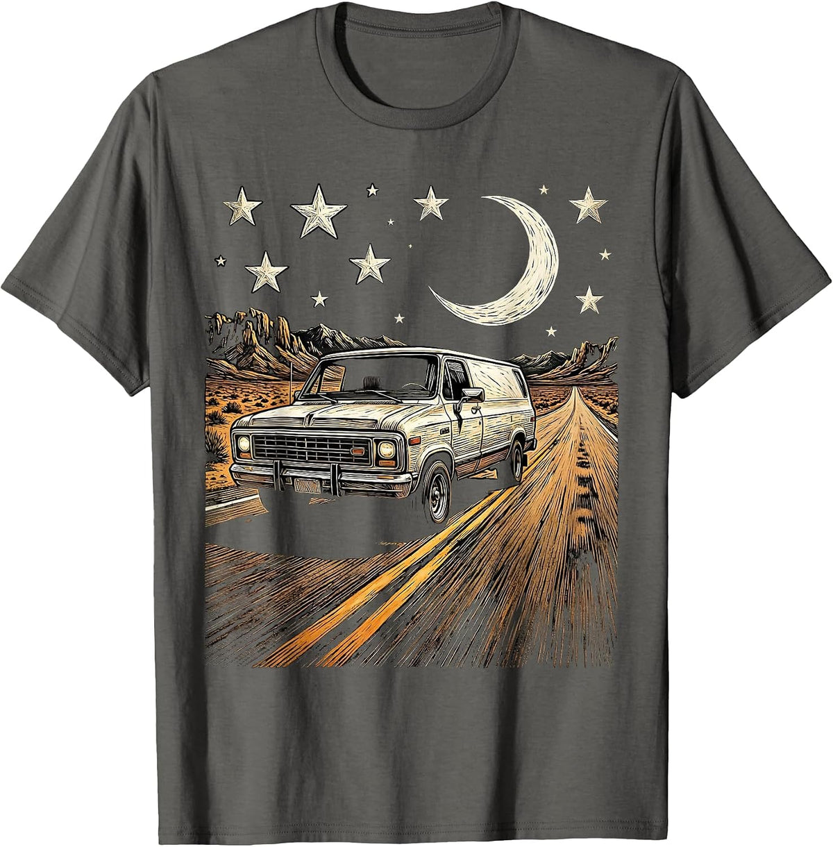 Vintage Van Highway Starry Night Rock and Roll T-Shirt - Asphalt Grey