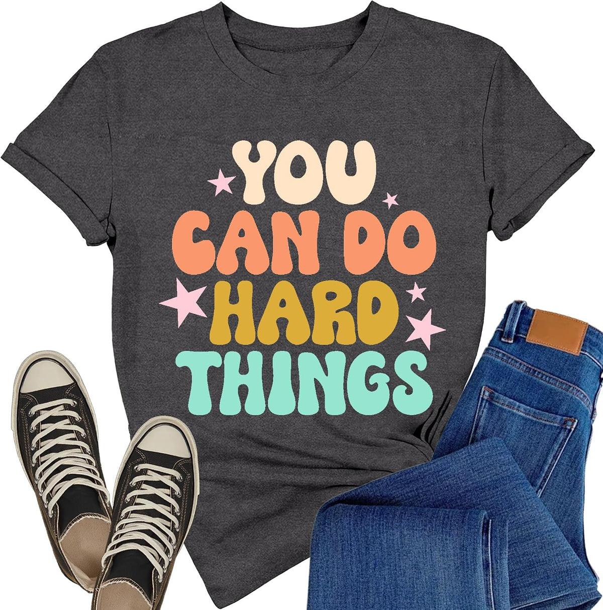 Teacher Shirts for Women Inspirational You Can Do Hard Things Tee - Grey