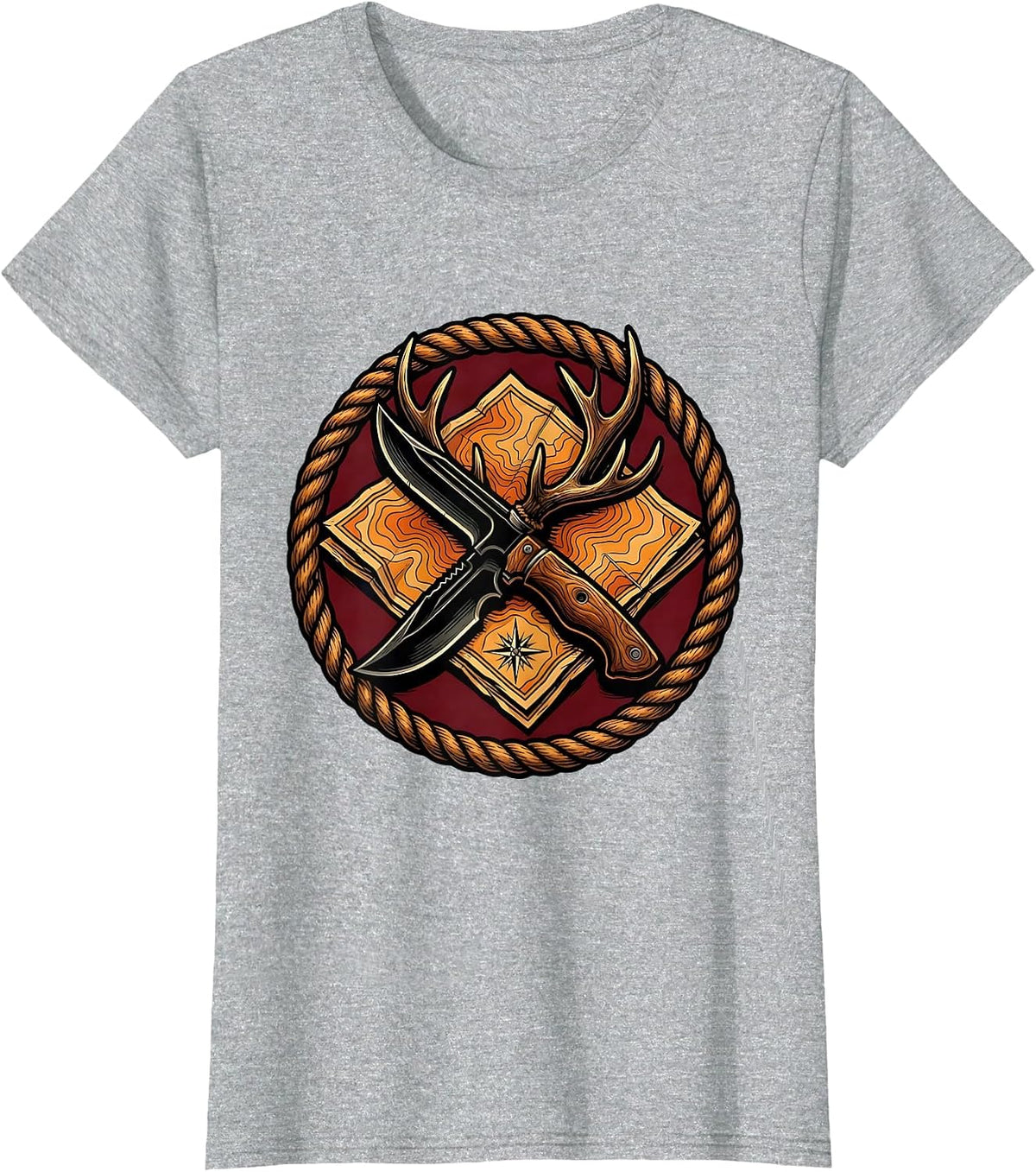 Knife and Antler on Map Hunting Graphic T-Shirt - Heather Grey