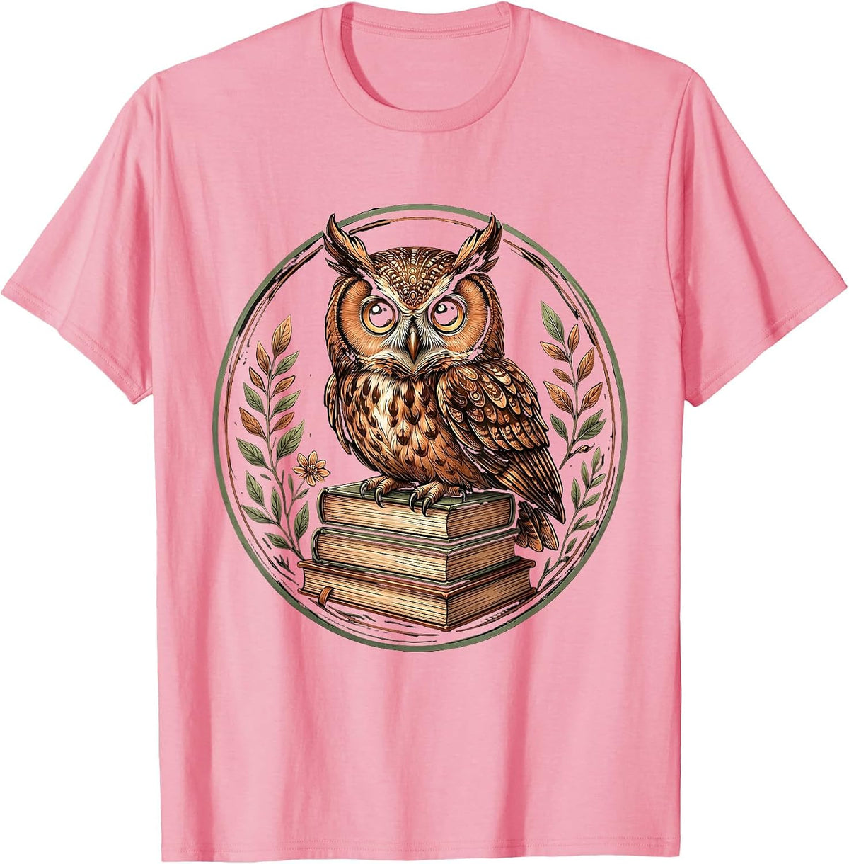 Men's 4th Grade Teacher Owl on Textbooks Illustration T-Shirt - Pink