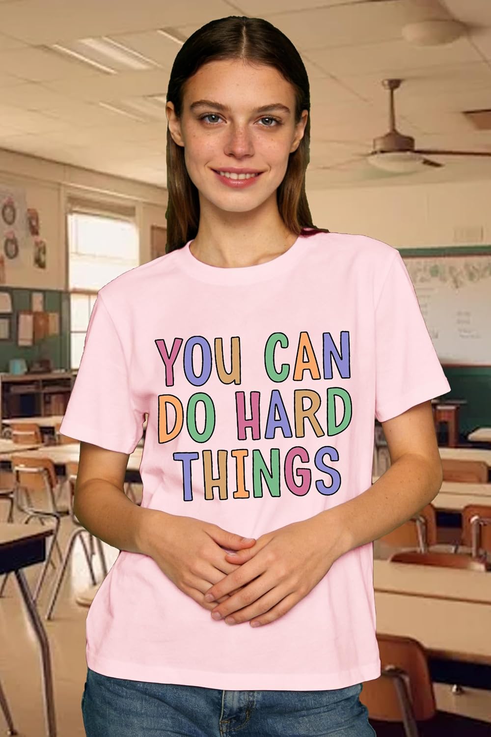 Women's Teacher Shirt You Can Do Hard Things T-Shirt Teach Teaching Inspirational Encouraging Tee Tops - size chart