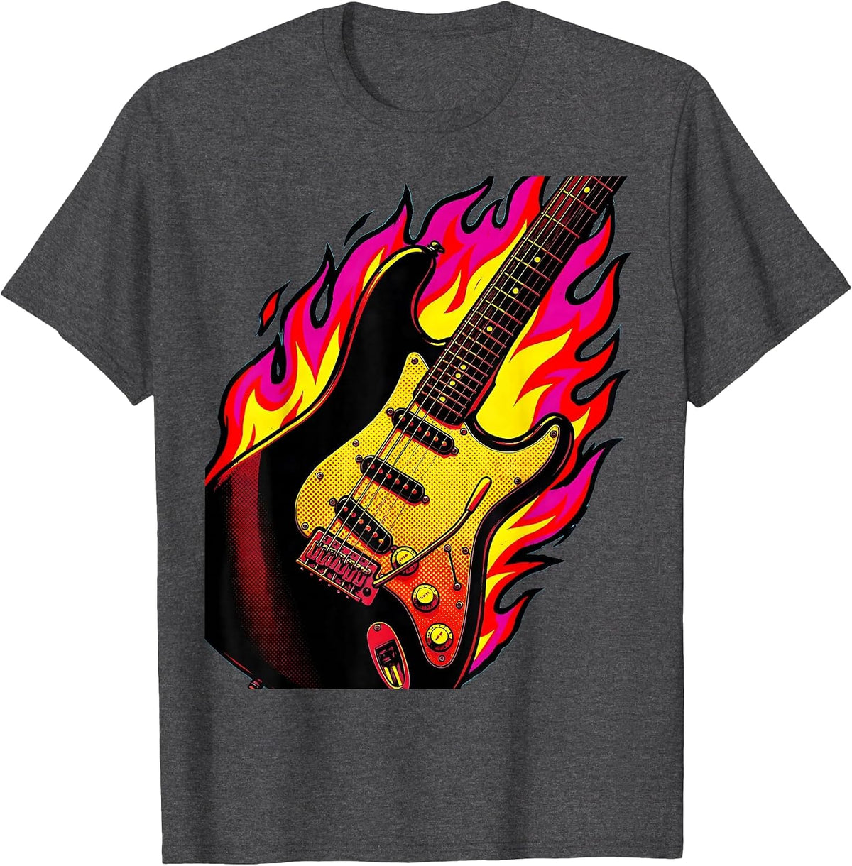 Flaming Electric Guitar Rock and Roll Graphic T-Shirt - Dark Heather Grey