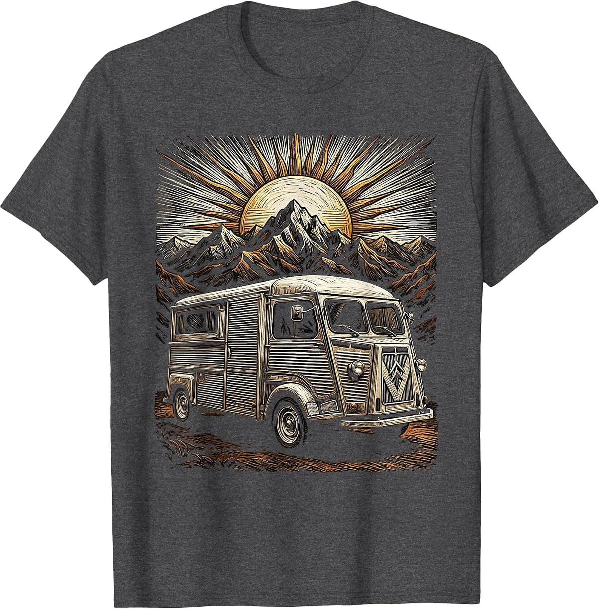 Vintage Van Mountain Dusk Rock Graphic Tee T-Shirt - Dark Heather Grey