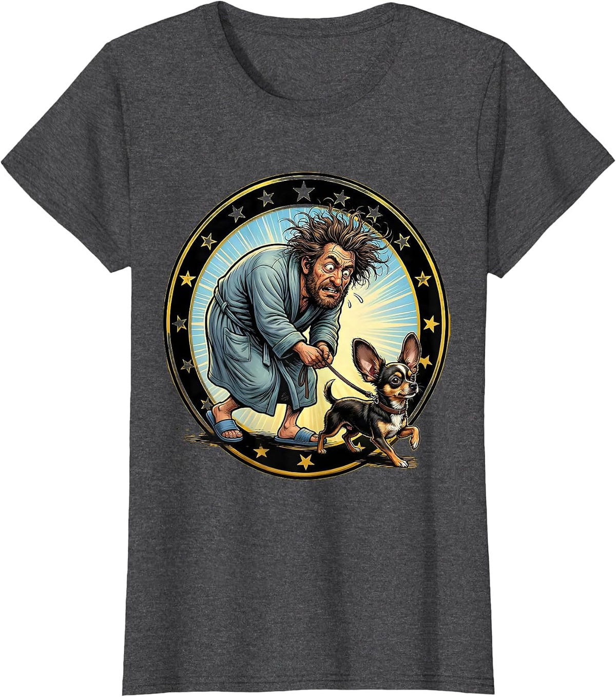 Women's Crazy Dog Chihuahua Morning Walk Bathrobe T-Shirt - Dark Heather Grey