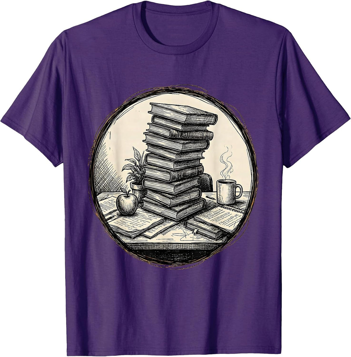 5th Grade Teacher Buried Books Desk Graphic T-Shirt - Purple