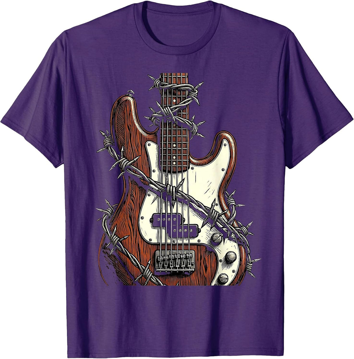 Bass Guitar Barbed Wire Rock Music Graphic T-Shirt - Purple