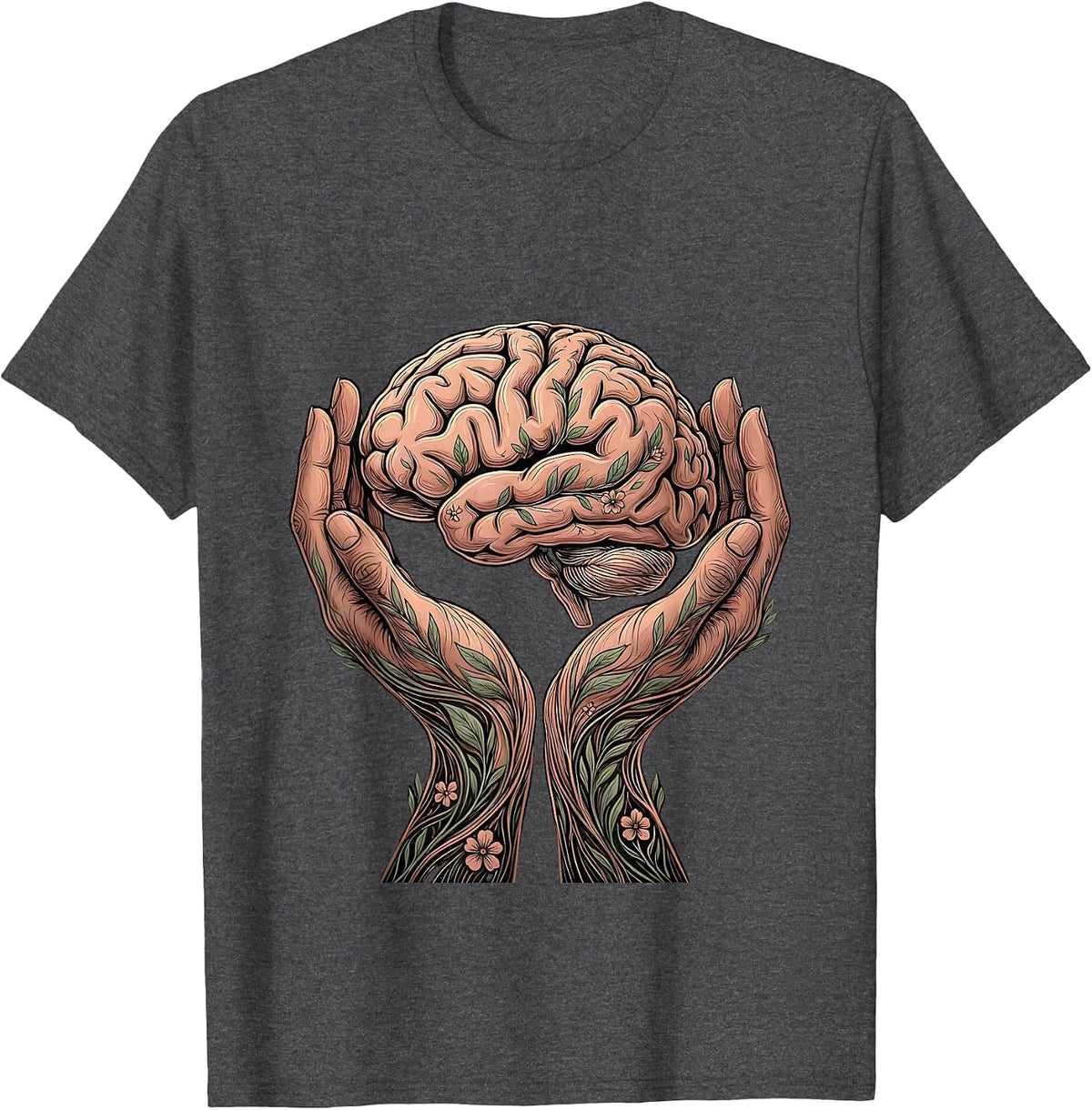Men's Cupped Hands Glowing Brain Mental Health Graphic T-Shirt - Dark Heather Grey