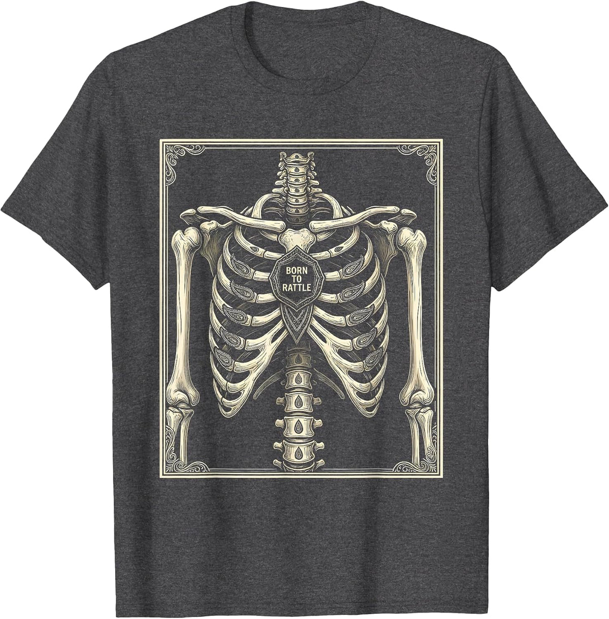 Born to Rattle Skeleton Graphic Design T-Shirt - Dark Heather Grey