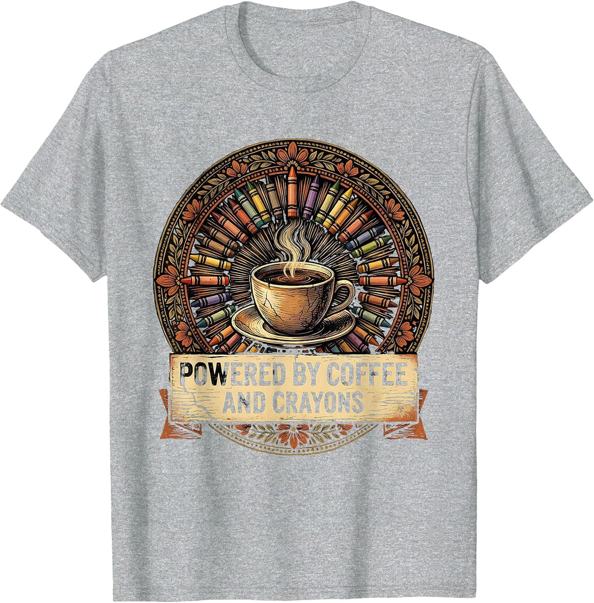 Men's Powered by Coffee and Crayons 4th Grade Teacher T-Shirt - Heather Grey
